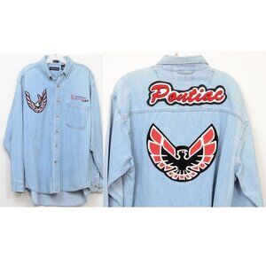 Pontiac Racing Blue Chambray Embroidery Long Sleeve Button Shirt Men's M